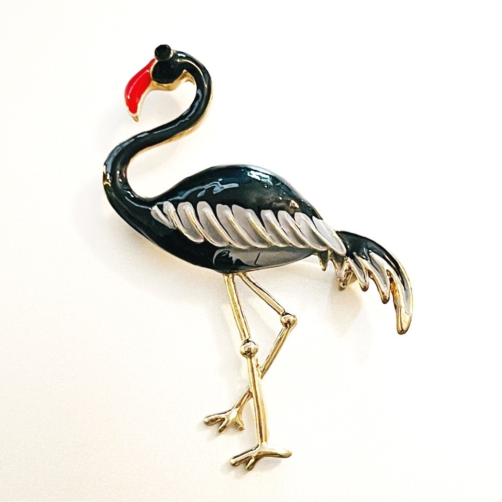 Enamel Goldtone Flamingo Brooch - Picture 1 of 2